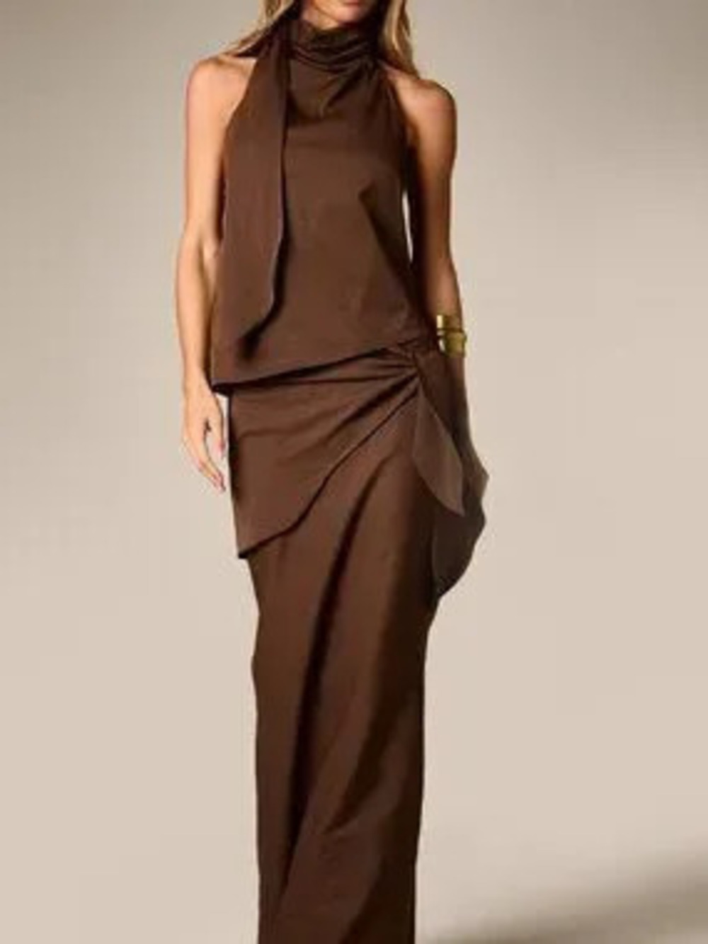 ZARA Brown Casual Women's Cowl High Neck Halter Blouse With Draped Scarf